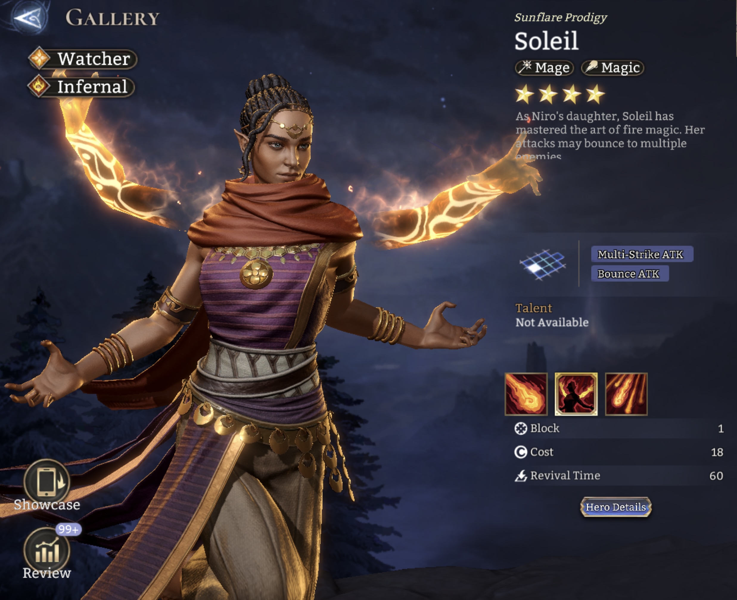 Soleil, Mage, Magic, Watcher, Infernal, Multi-Strike ATK, Bounce ATK, 