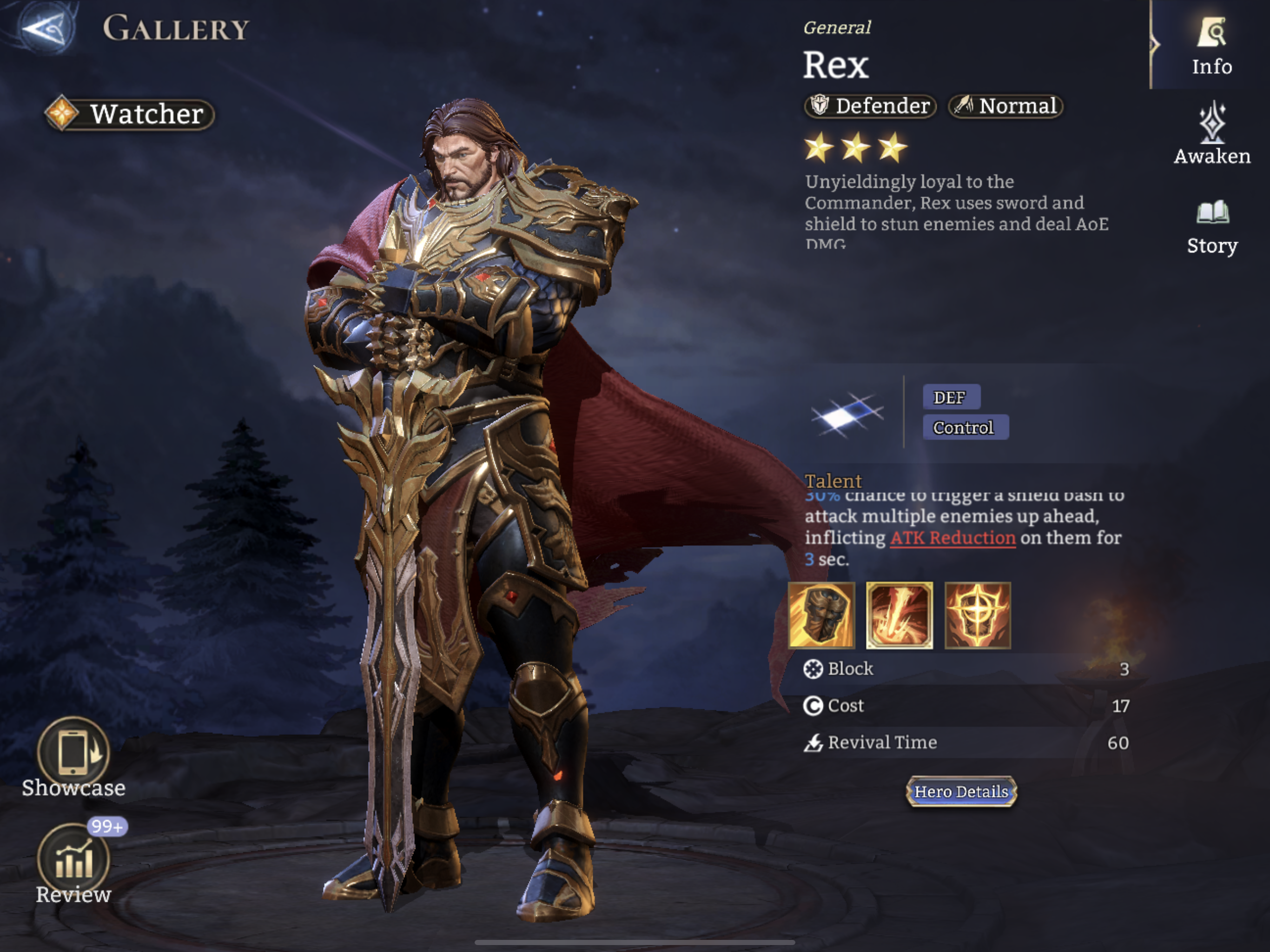 Rex, Defender, Normal, Watcher, DEF, Control, ATK Reduction, Stun, 