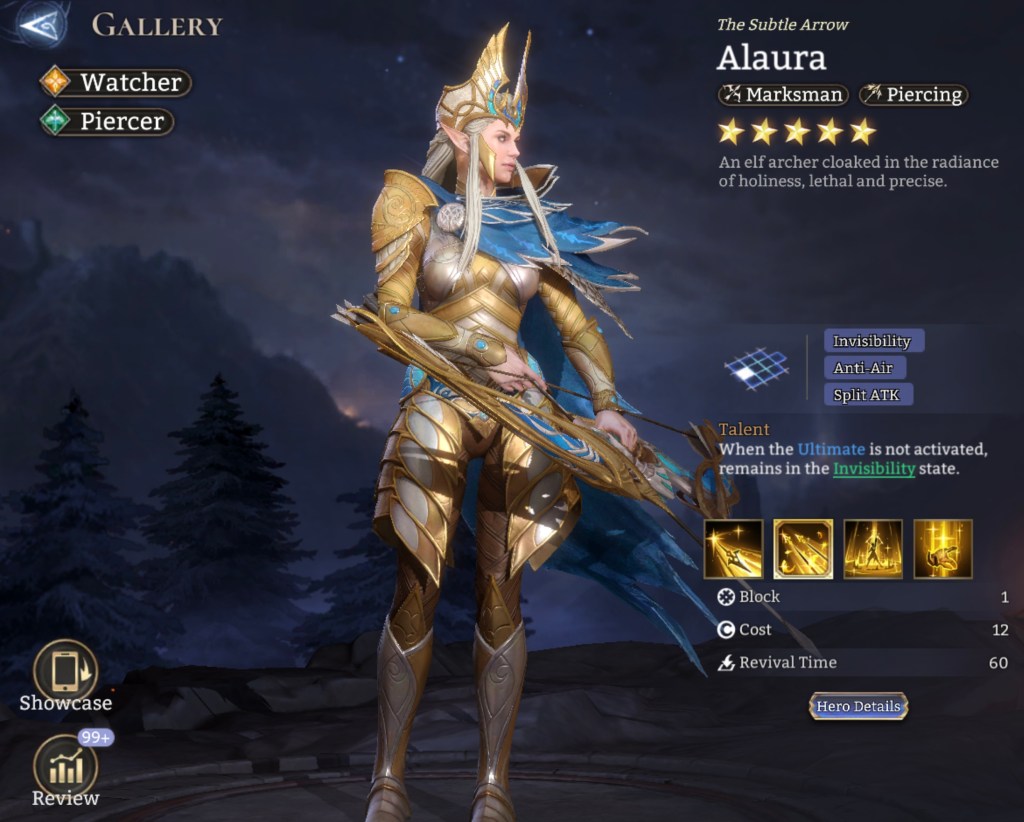 Alaura, Watcher, Piercer, Marksmen, Legendary, Invisibility, Anti-Air, Split ATK, Excess Crit Rate,