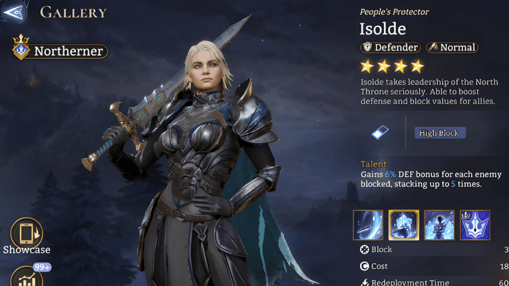 Northerner, Isolde, Defender, Normal, High Block,, Block Increase, P.DMG reduction, M.DMG Reduction, Lord Skill,