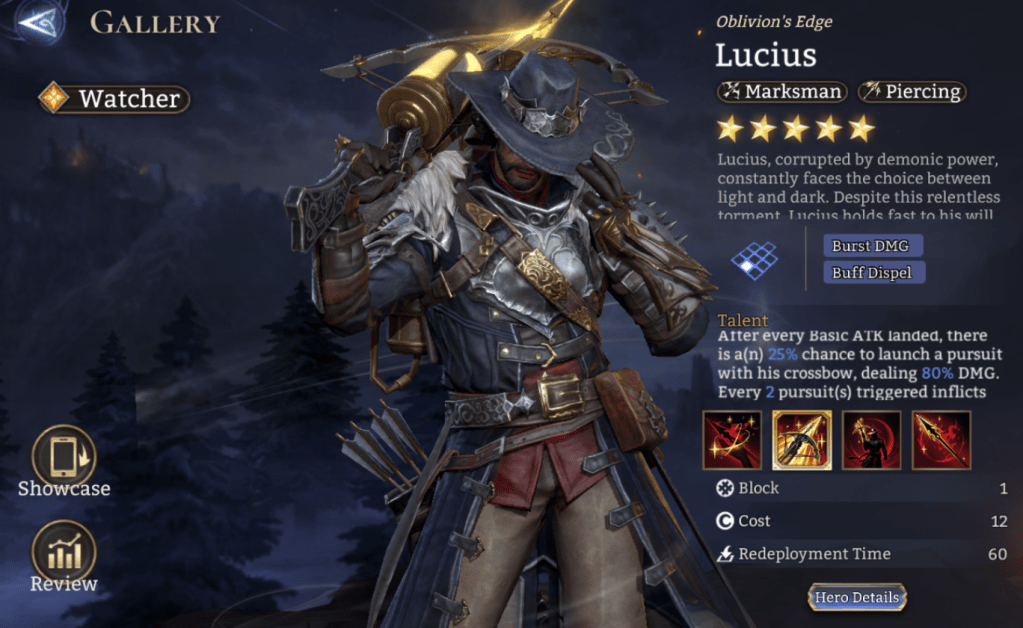Lucius, Watcher, Marksman, Piercing, Burst DMG, Buff Dispel, Legendary, Stun, DMG Reduction, Demonic Embrace,