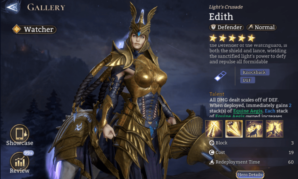 Watcher, Legendary, Edith, Defender, Normal, Knockback, Equine Aegis, 