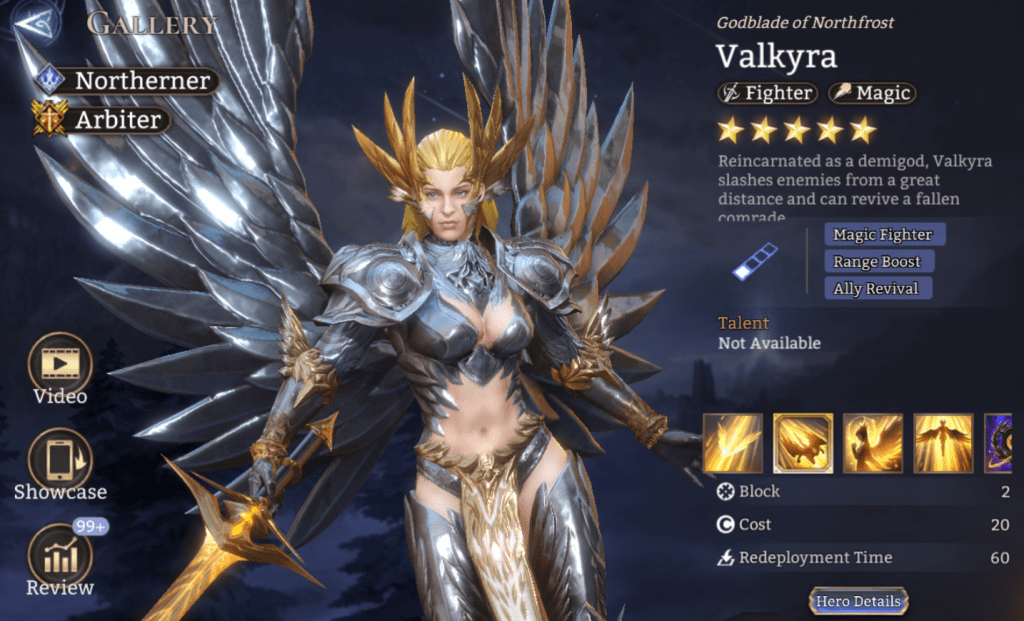 Northerner, Arbiter, Valkyra, Fighter, Magic, Magic Fighter, Range Boost, Ally Revival, Vulnerability (M. DMG), DMG Increase, Legendary,