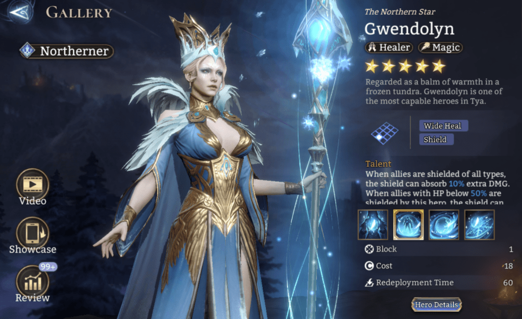 Northerner, Gwendolyn, Healer, Magic, Wide Heal, Shield, HP Based Shield, Freeze, Legendary