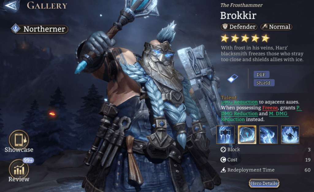 Northerner, Brokkir, Defender, Normal, DEF, Shield, Freeze, P.DMG reduction, M.DMG Reduction, legendary,