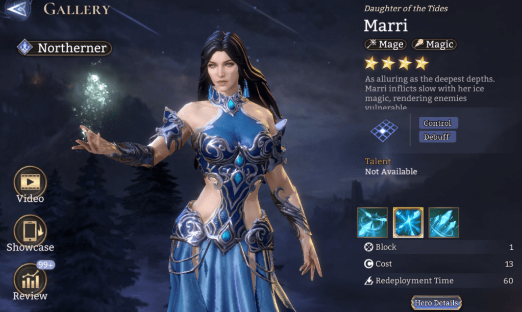 Northerner, Marri, Mage, Magic, Slow, Freeze, Vulnerability (P. DMG), Vulnerability (M. DMG), Epic