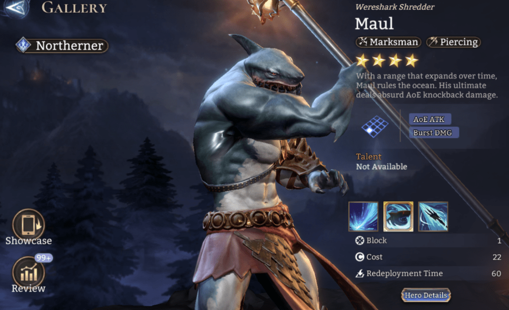 Northerner, Maul, Marksman, Piercing, Epic, Freeze, Slow, DEF Reduction, AoE ATK, Burst DMG,