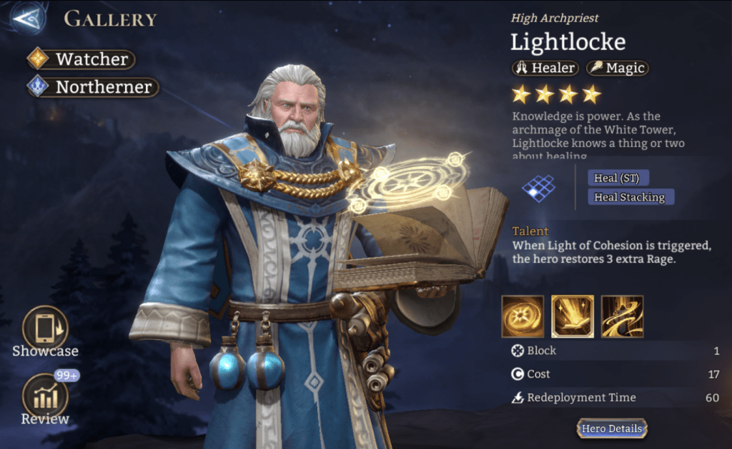 Watcher, Northerner, Lightlocke, Healer, Magic, ATK Based Healing, Epic, 