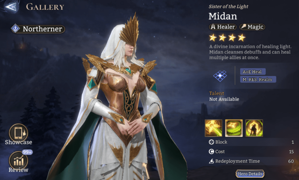 Northerner, Midan, Healer, Magic, AoE Heal, M.Res Realm, DEF Increase, HP-Based Healing, Dispel