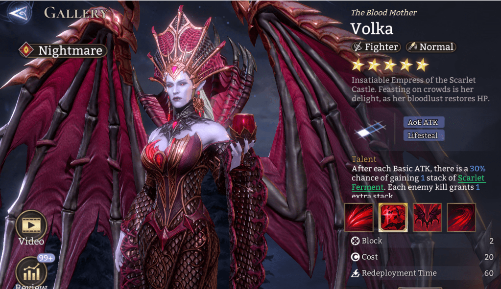 Nightmare, Volka, Fighter, Normal, AoE ATK, Lifesteal, Scarlet Ferment, Vulnerability (P .DMG), Vulnerability (M. DMG), Legendary, 