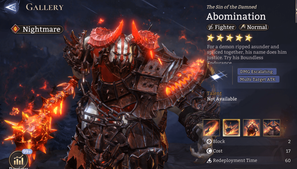 Nightmare, Abomination, Fighter, Multi-Target ATK, DMG Escalating, Burning, Invulnerability, Stun, 