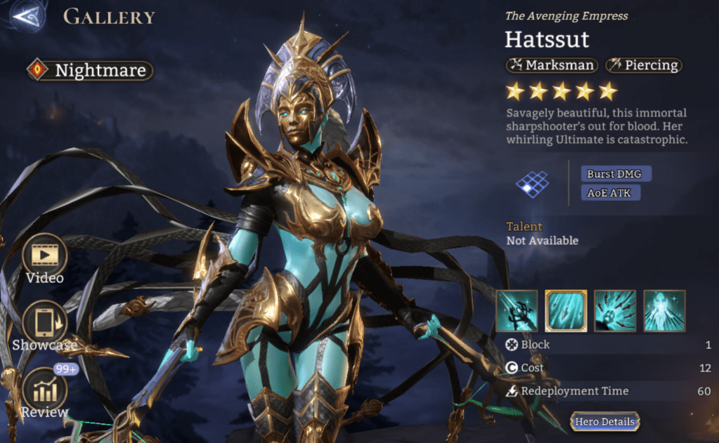 Nightmare, Hatssut, Marksman, Piercing, Burst DMG, AoE ATK, DEF Reduction, Invisibility, legendary,