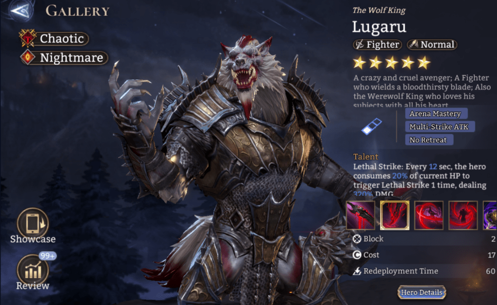 Lugaru, Chaotic, Nightmare, Fighter, Normal, Arena Mastery, Multi-Strike ATK, No Retreat, Bleed, Stun, Legendary, 