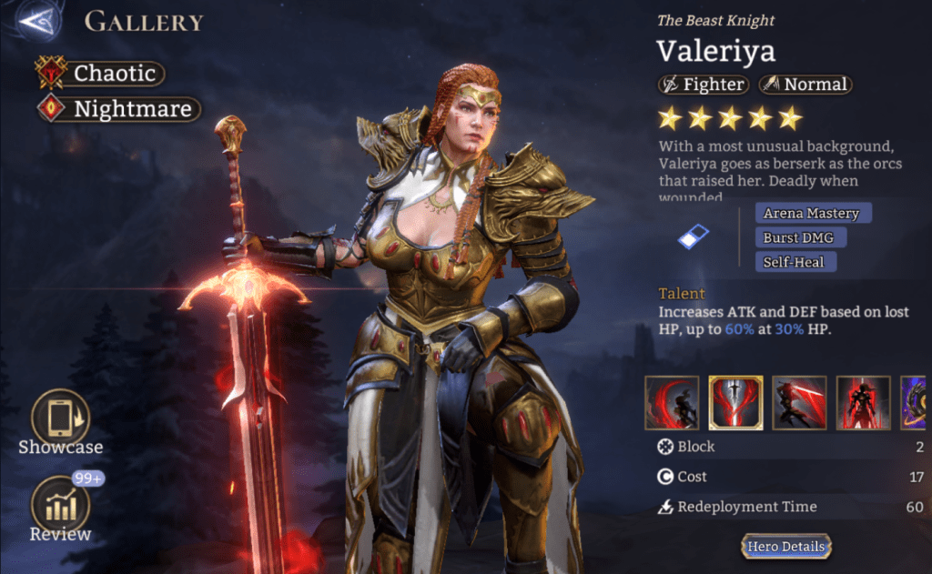 Chaotic, Nightmare, Valeriya, Fighter, Normal,  Arena Mastery, Burst DMG, Self-heal, Power of the sword, Vulnerability (P. DMG), Unyielding,