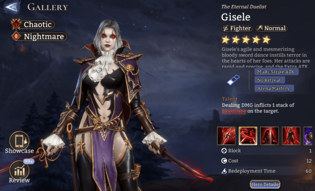 Chaotic, Nightmare, Gisele, Fighter, Normal, Multi-Strike ATK, No retreat, Arena Mastery, Bloodbane, Extra ATK Spd, 