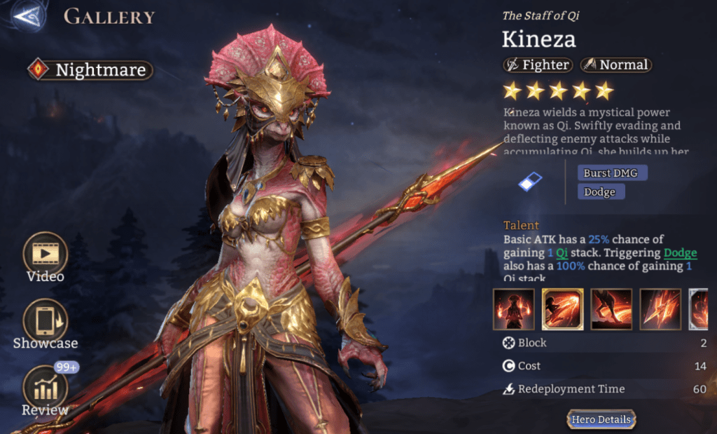 Nightmare, Kineza, Fighter, Normal, Burst DMG, Dodge, Qi, Stun, Legendary, Bond Skill,