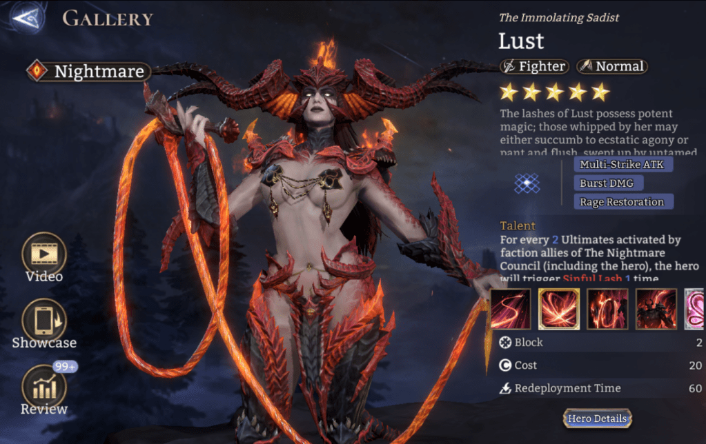 Nightmare, Lust, Fighter, Multi-Syrike ATK, Burst DMG, Rage Restoration, Sinful Lash, Bond Skill, Burning, DEF Reduction, 