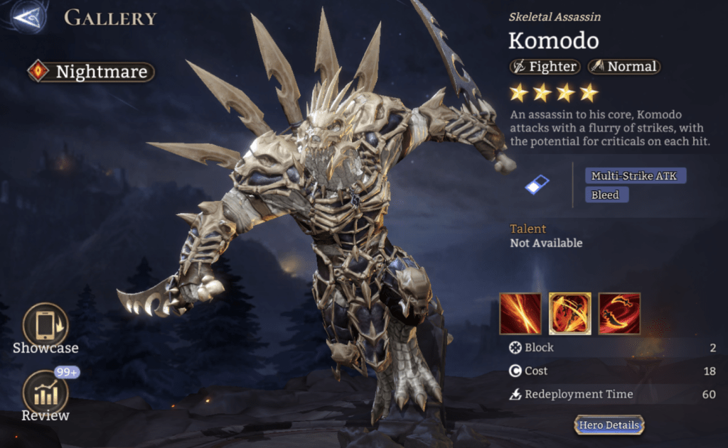 Nightmare, Komodo, Fighter, Normal, Multi-Strike ATK, Bleed, Epic, 