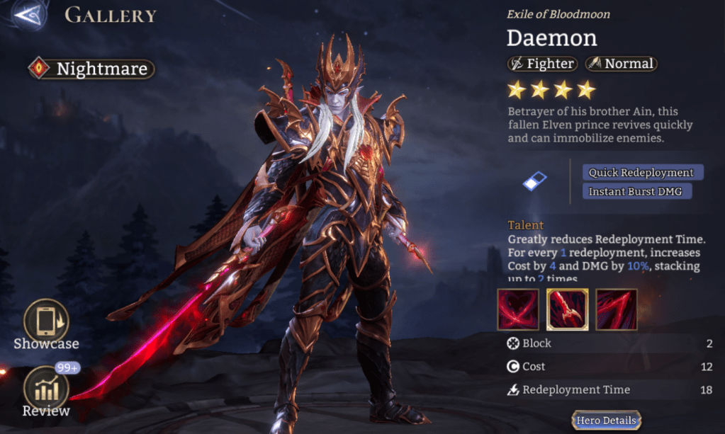 Nightmare, Daemon, Fighter, Normal, Quick Redeployment, instant Burst DMG, Immobilized State, Bleed, Stun, Epic, 