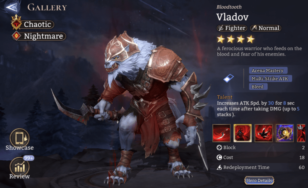Chaotic, Nightmare, Vladov, Fighter, Normal, Arena Mastery, Multi-Strike ATK, Bleed, Lord Skill, Power of Chaos, Epic, 