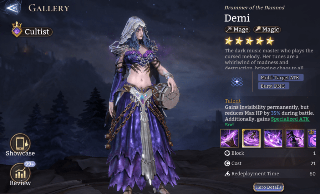 Cultist, Demi, Mage, Magic, Specialized ATK Spd, Multi-Target ATK, Burst DMG, Slow, Anti-Healing, Ultman, Lord Skill, Forbidden Knowledge, Invisibility, Legendary, 