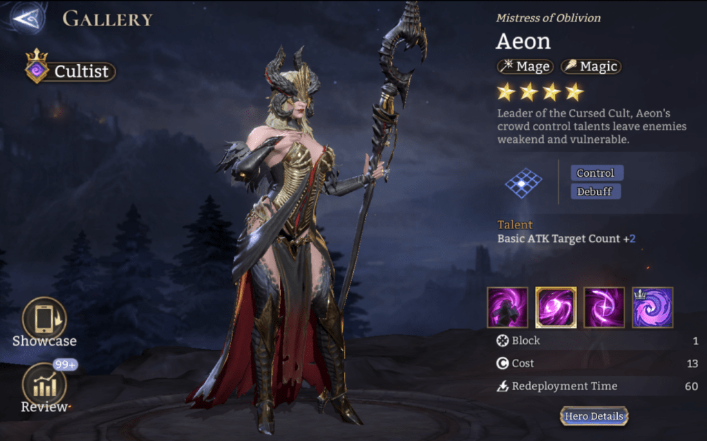 Cultist, Aeon, Mage, Magic, Control, Debuff, Slow, Vulnerability (P .DMG), Vulnerability (M. DMG), Forbidden Knowledge, Lord Skill, 