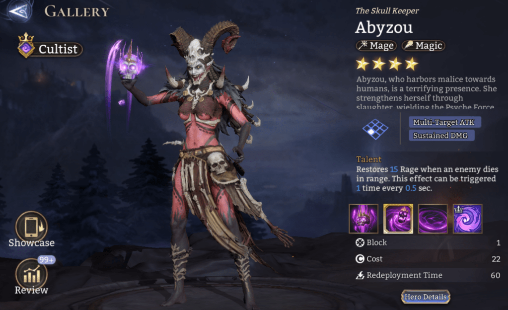 Cultist, Abyzou, Mage, Magic, Multi-target ATK, Sustained DMG, M. RES Reduction, Psyche Force, Forbidden Knowledge, Lord Skill,