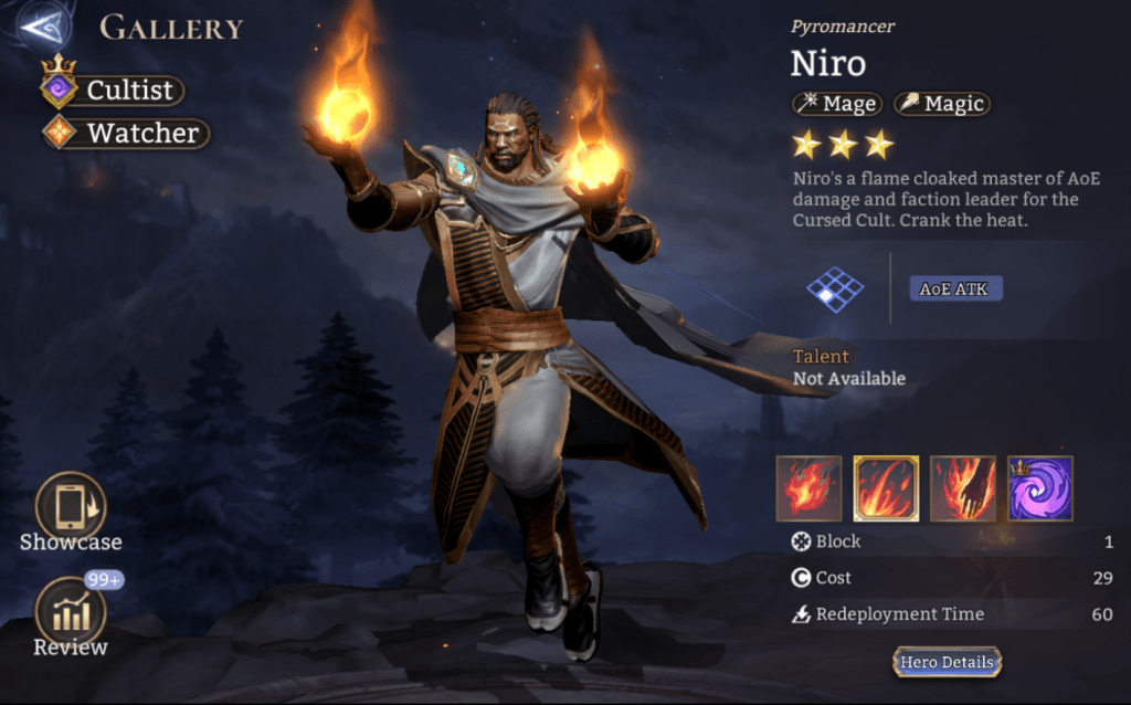 Cultist, watcher, Niro, Mage, Magic, AoE ATK, Forbidden Knowledge, Lord Skill, ManUlt, 