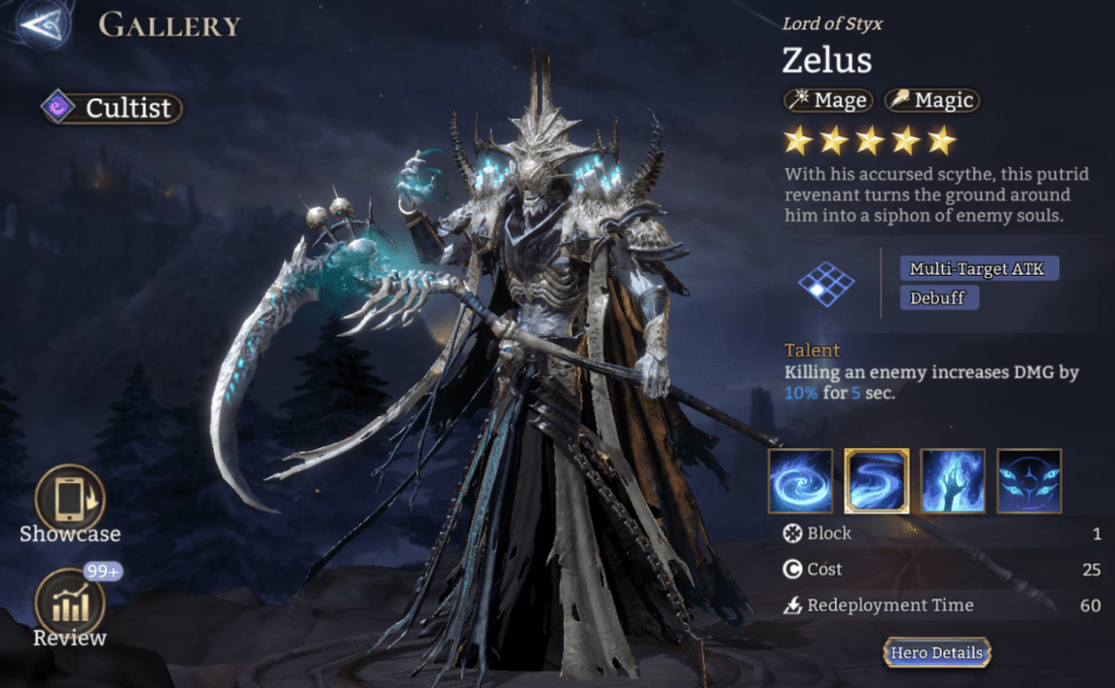 Cultist, Zelus, Mage, Magic, Multi-target ATK, Debuff, Vulnerability (M. DMG), 