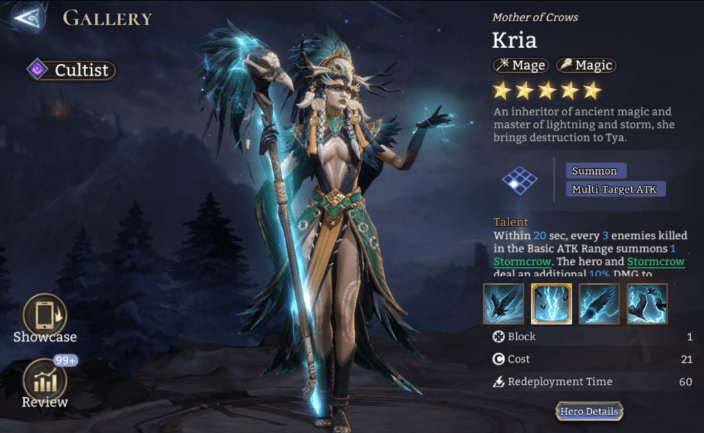 Cultist, Kria, Mage, Magic, Summons, Multi-Target ATK, Stormcrow, Vulnerability (M. DMG), Anti-Healing, Slow, Legendary, 