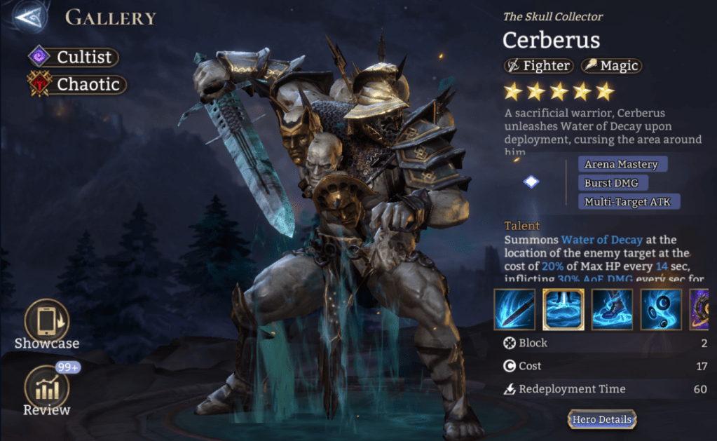Cultist, Chaotic, Cerberus, Fighter, Magic, Arena Mastery, Burst DMG, Multi-Target ATK, Legendary, 