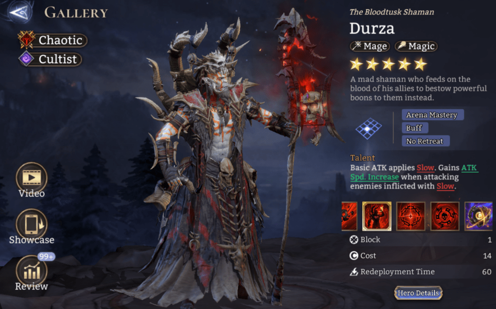 Chaotic, Cultist, Durza, Mage, Magic, Arena Mastery, Buff, No Retreat, Slow, ATK Spd Increase, Vulnerability (P. DMG), Vulnerability (M. DMG), DMG Increase, Legendary, 