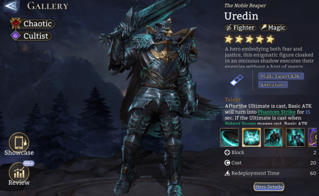 Chaotic, Cultist, Uredin, Fighter, Magic, Multi-Target ATK, Execution, Phantom Strike, Potent Surge, Soulharvest, Stun, Unyielding, Legendary, 