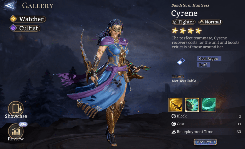 Watcher, Cultist, Cyrene, Fighter, Normal, ATK Spd Reduction, Crit Rate Increase, Slow, 