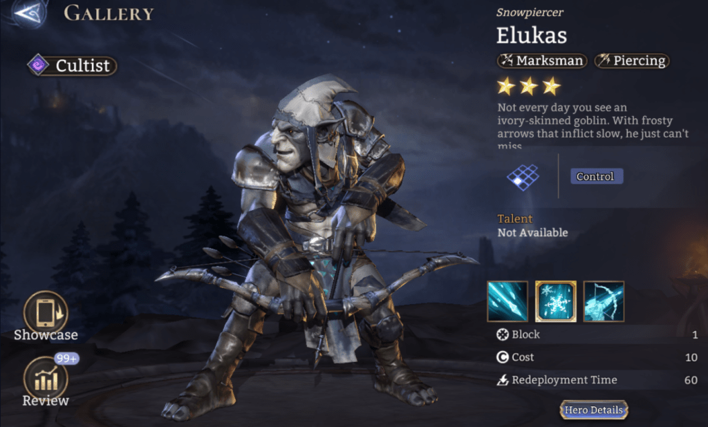 Cultist, Elukas, Marksman, Piercing, Control, Slow, 3*