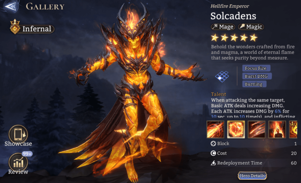 Infernal, Solcadens, Mage, Magic, Focus Fire, Burst DMG, Burning, Vulnerability (P. DMG), Vulnerability (M. DMG), Lord Skill, Penetration Increase, Pyro Blitz,  Legendary, Lord, 