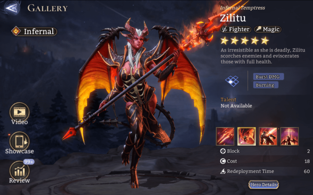 Infernal, Zilitu, Fighter, Magic, Burst DMG, Burning, Legendary,