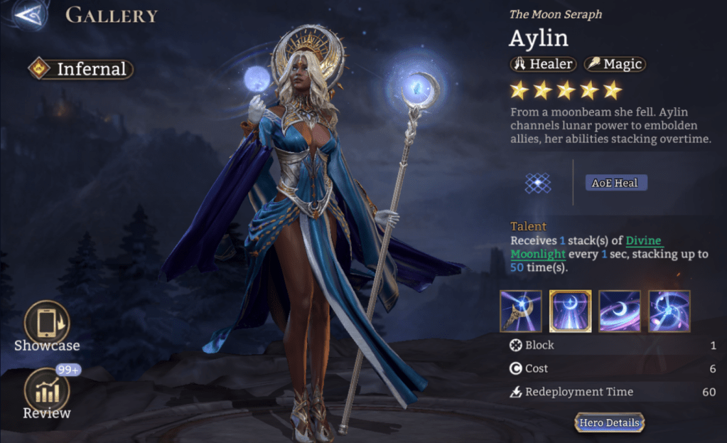 Infernal, Aylin, Healer, Magic, AoE Heal, Divine Moonlight, ATK-Based Healing, Legendary, 