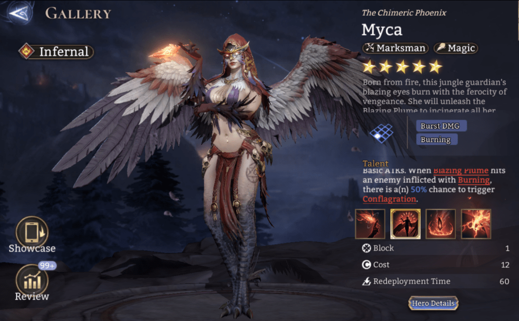 Infernal, Myca, Marksman, Magic, Burst DMG, Burning, Blazing Plume, Conflagration, Legendary, 