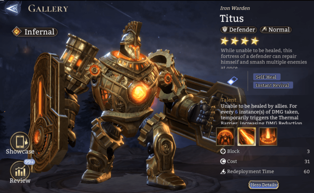 Infernal, Titus, Defender, Normal, Self-Heal, Instant Revival, Burning, Epic, 