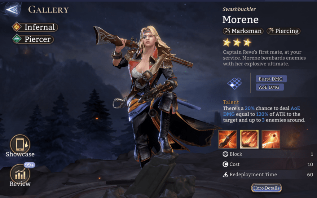 Infernal, Piercer, Morene, Burst DMG, AoE DMG, Marksman, Piercing, DEF Reduction, 3*, 