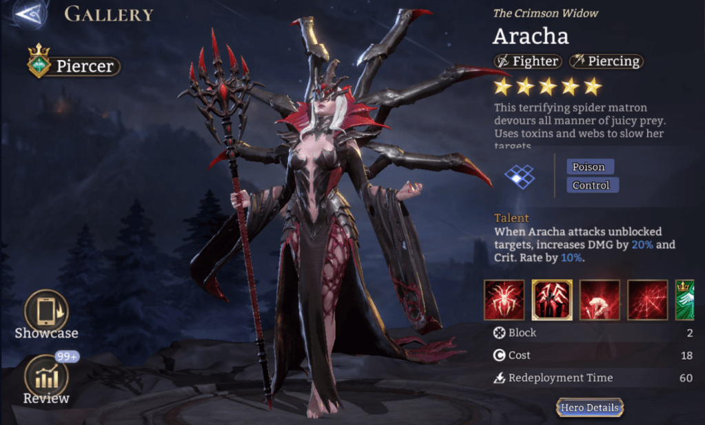 Piercer, Aracha, Fighter, Piercer, Airborne units, Poison, Control, Spider Toxin, Stun, Lord Skill, Lord, Legendary, 