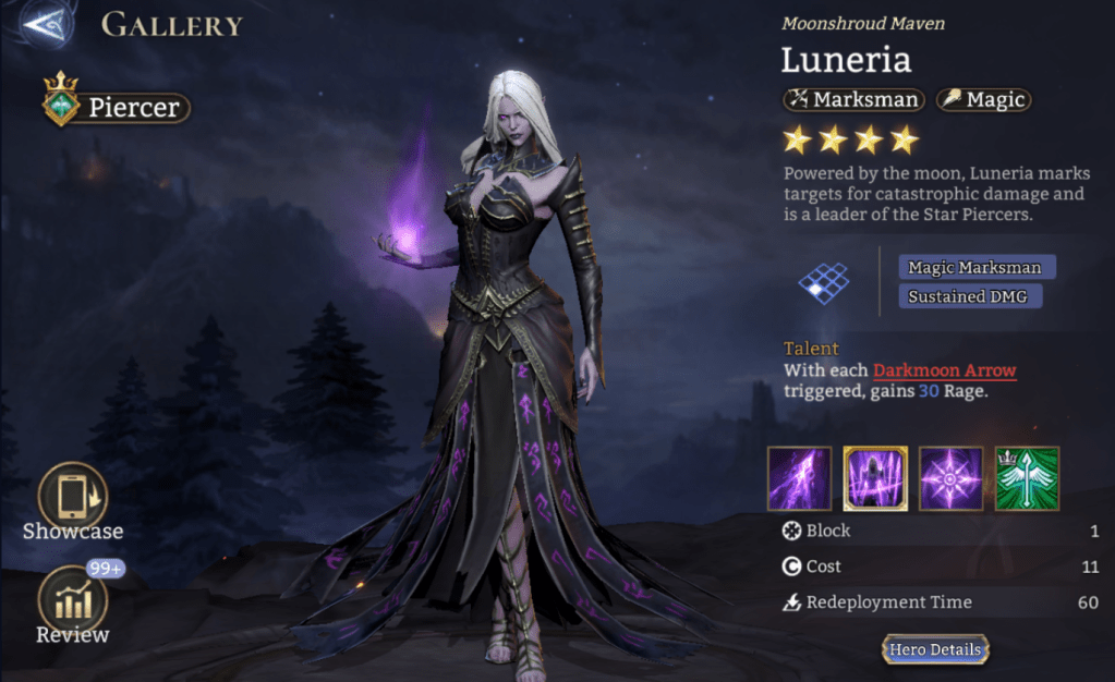 Piercer, Luneria, Marksman, Magic, Magic Marksman, Sustained DMG, Darkmoon Arrow, Immobilized State, Lord Skill, Lord, Epic, 