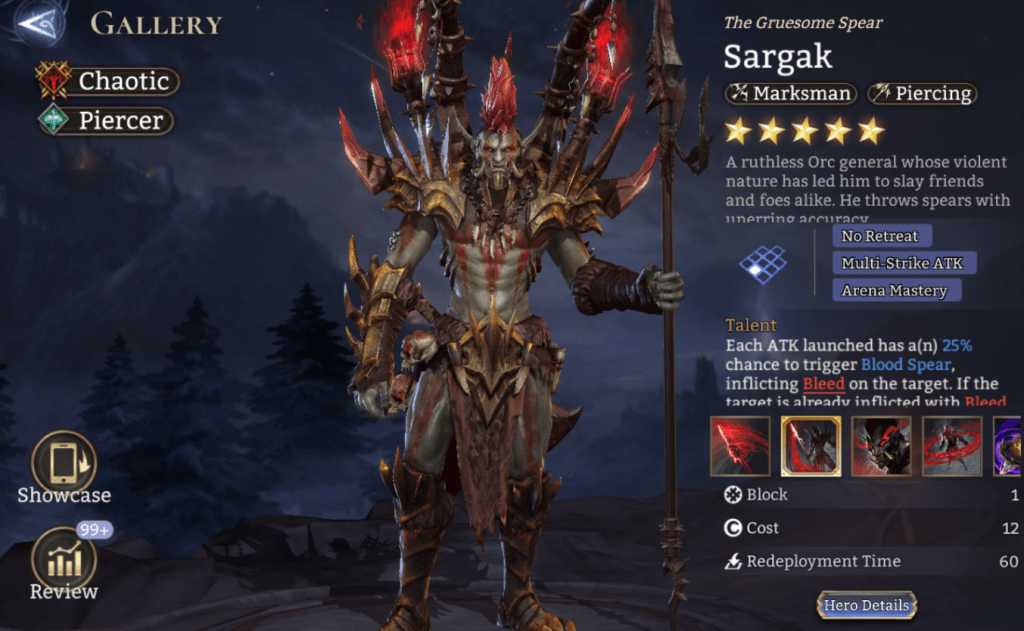 Chaotic, Piercer, Sargak, Marksman, Piercing, No Retreat, Multi-Strike ATK, Arena Mastery, Bleed, Specialized ATK Spd, Immobilized State