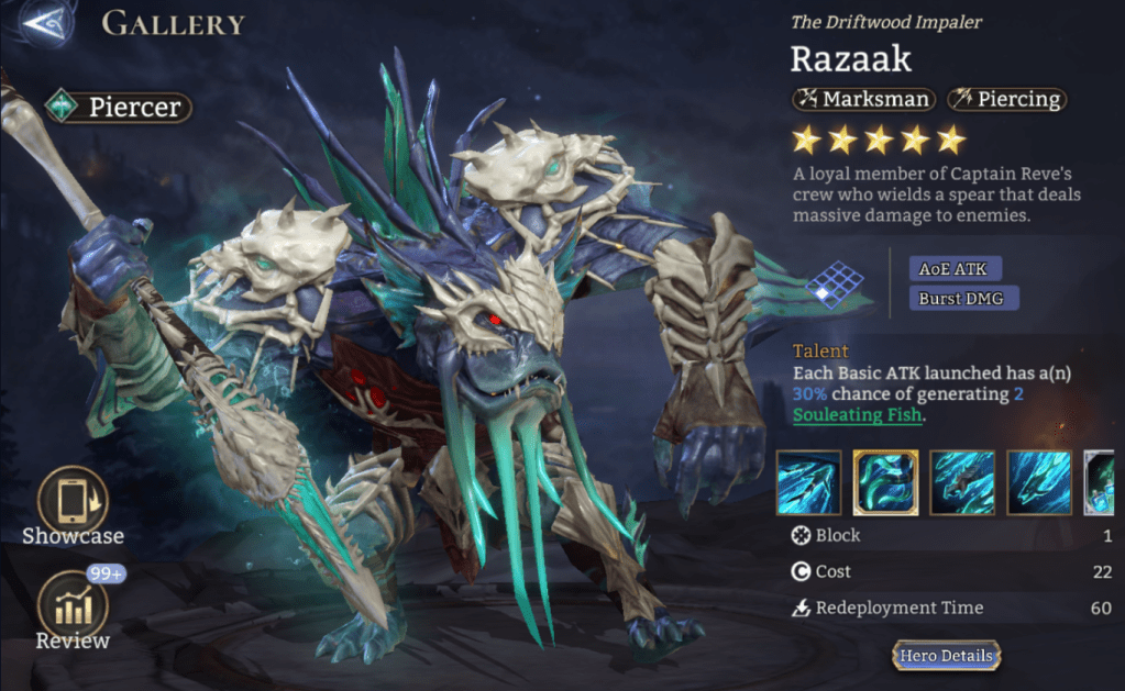 Piercer, Razaak, Marksman, Piercing, AoE ATK, Burst DMG, Soul Eating Fish, Slow, Bond Skill, EXP Mastery, 