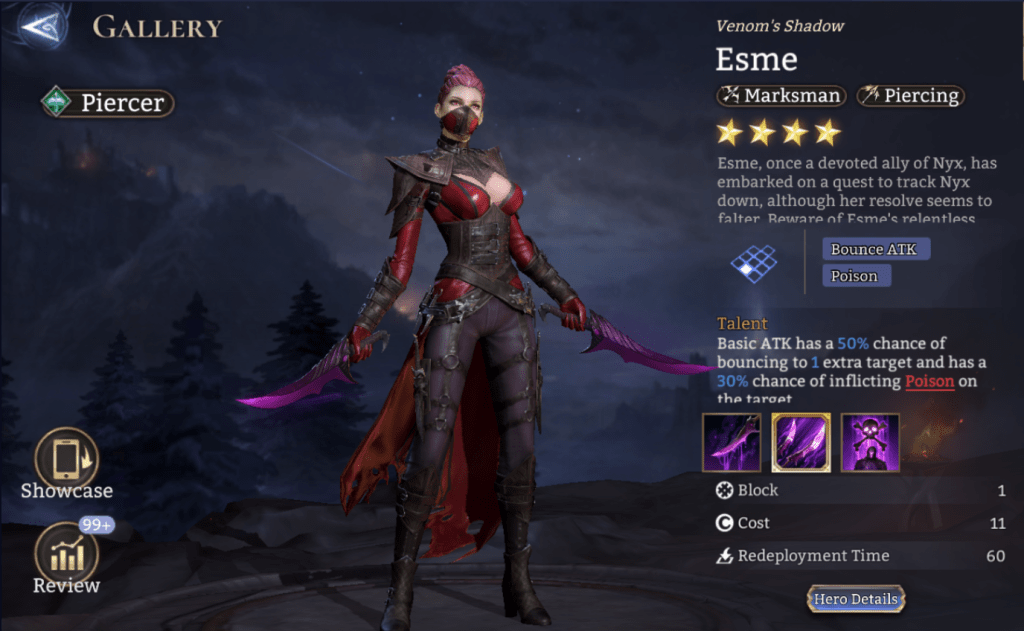 Piercer, Esme, Marksman, Piercing, Bounce ATK, Poison, Stun, Epic, 