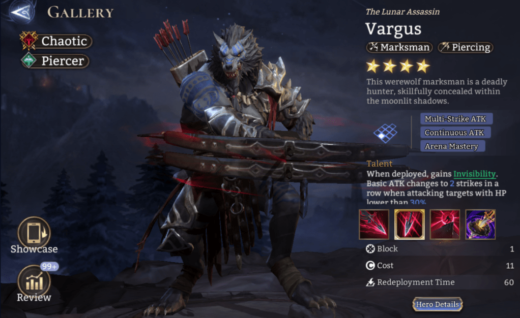 Chaotic, Piercer, Vargus, Marksman, Piercing, Multi-Strike ATK, Continuous ATK, Arena Mastery, Invisibility, Bleed, Epic, 