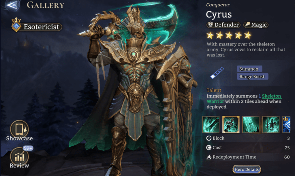 Esotericist, Cyrus, Defender, Magic, Summon, Range Boost, Skeleton Fighter, Skeleton Warrior, Lord Skill, Legendary,