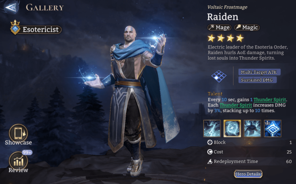 Esotericist, Raiden, Mage, Magic, Multi-Target ATK, Sustained DMG, Thunder Spirit, Lord Skill, Lord, Epic,  