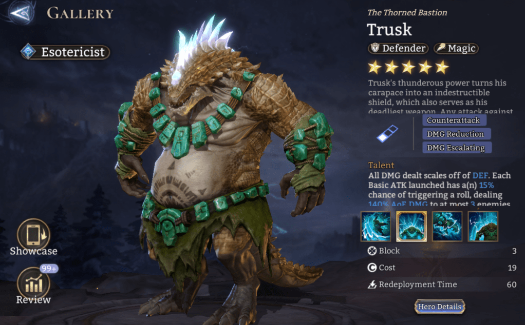 Esotericist, Trusk, Defender, Magic, Counterattack, DMG Reduction, DMG Escalating, DEF Increase, Legendary,